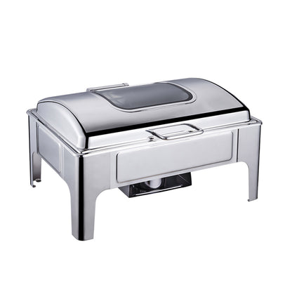 SOGA 9L Rectangular Stainless Steel Soup Warmer Roll Top Chafer Chafing Dish Set with Glass Visual Window Lid LUZ-ChafingDish0323