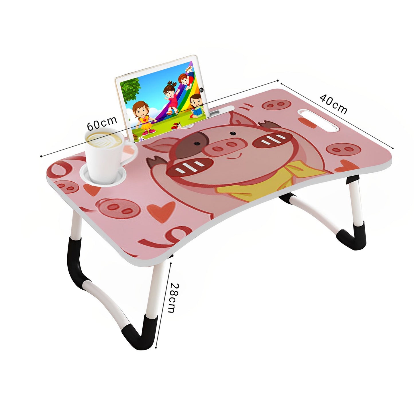 SOGA 2X Cute Pig Design Portable Bed Table Adjustable Foldable Bed Sofa Study Table Laptop Mini Desk with Drawer and Cup Slot Home Decor LUZ-BedTableM662X2