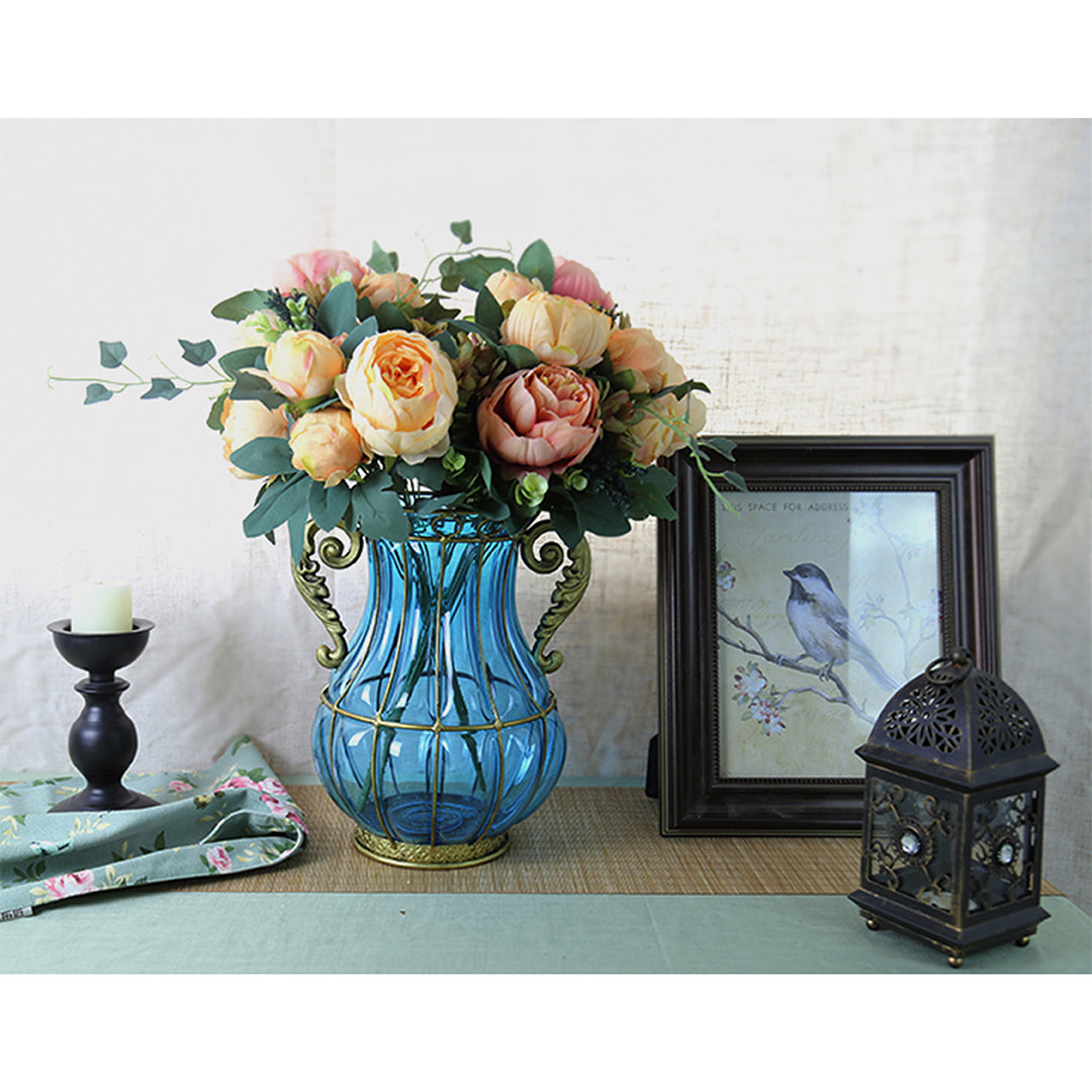 SOGA Blue Colored European Glass Home Decor Flower Vase with Two Metal Handle LUZ-HO-VaseYG2325B