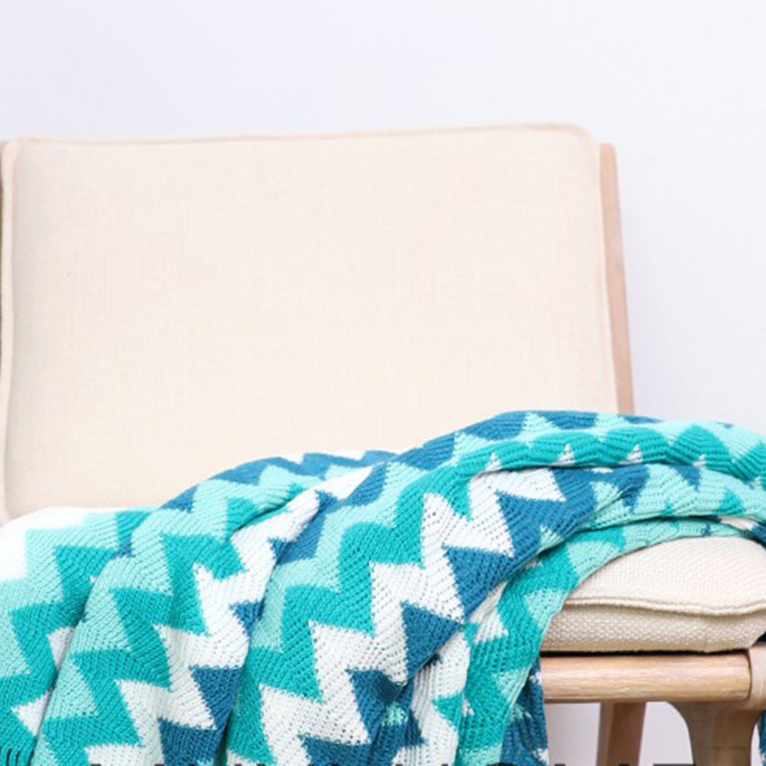 SOGA 220cm Blue Zigzag Striped Throw Blanket Acrylic Wave Knitted Fringed Woven Cover Couch Bed Sofa Home Decor LUZ-Blanket920