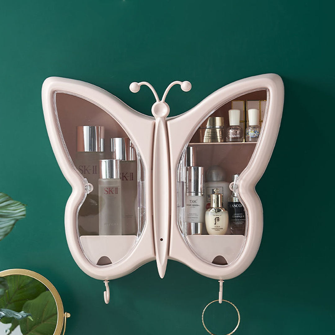 SOGA 2X Pink Butterfly Shape Wall-Mounted Makeup Organiser Dustproof Waterproof Bathroom Storage Box Home Decor LUZ-BathG317X2