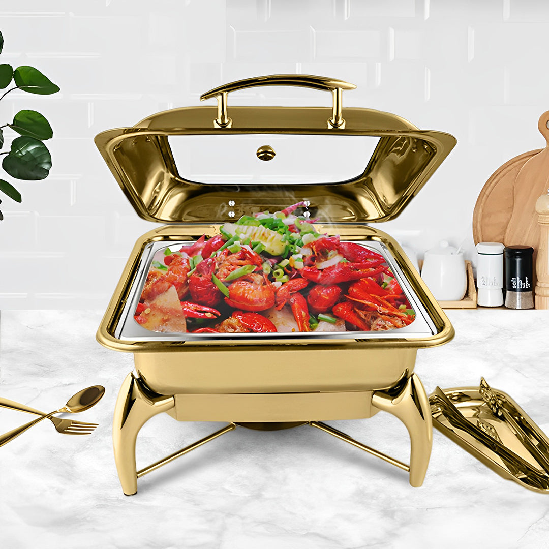 SOGA 2X Gold Plated Stainless Steel Square Chafing Dish Tray Buffet Cater Food Warmer Chafer with Top Lid LUZ-ChafingDish294X2