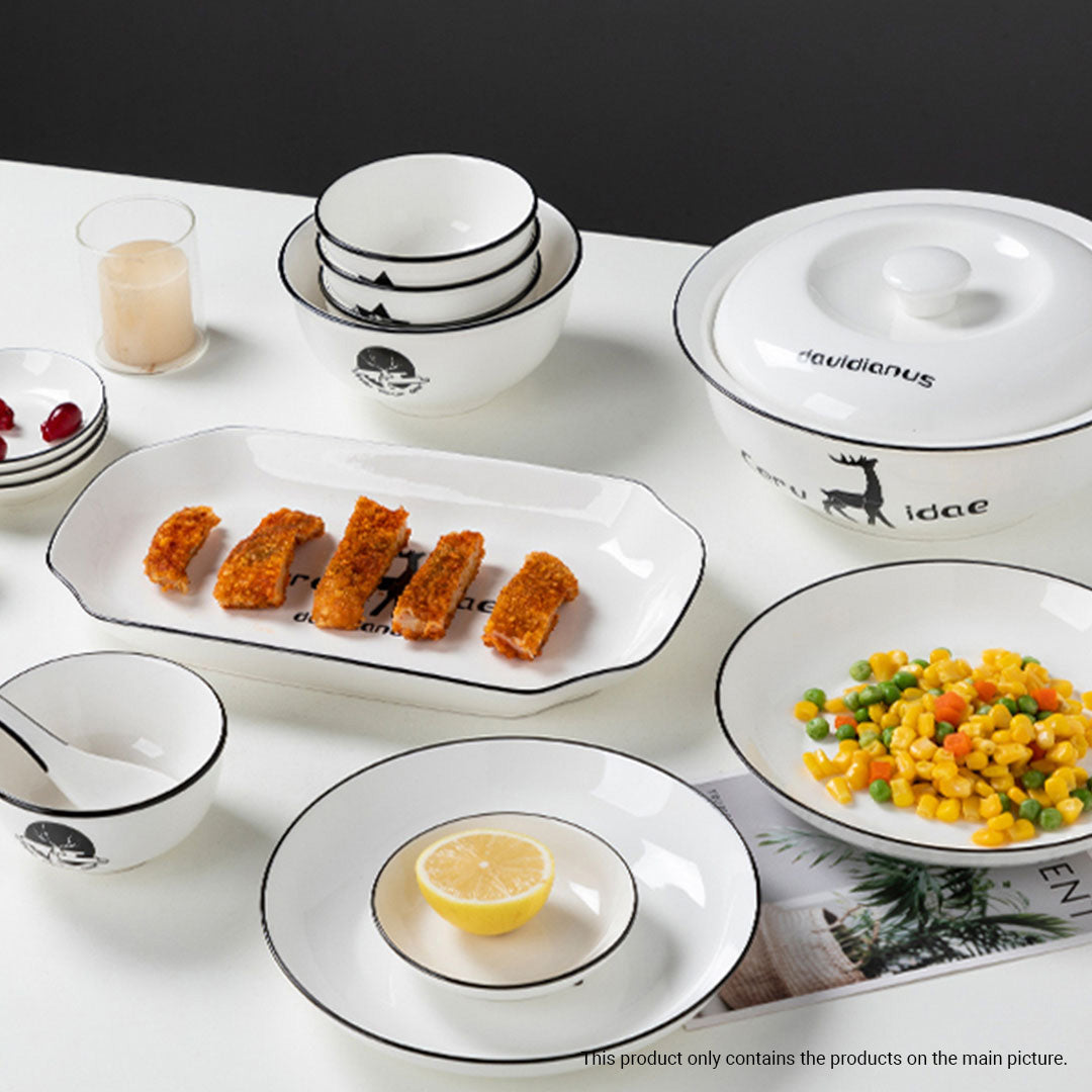 SOGA White Antler Printed Ceramic Dinnerware Set Crockery Soup Bowl Plate Server Kitchen Home Decor Set of 34 LUZ-BowlG778