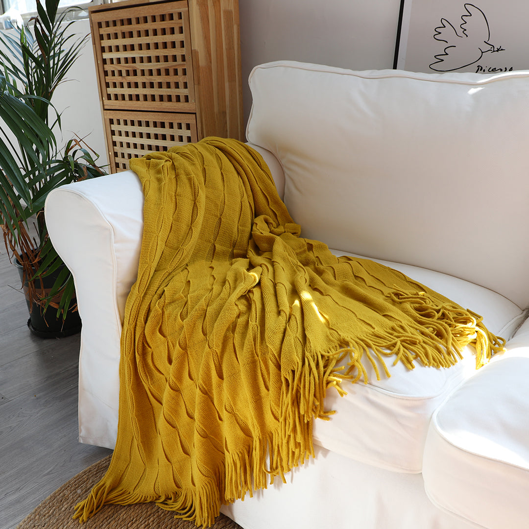 SOGA Mustard Textured Knitted Throw Blanket Warm Cozy Woven Cover Couch Bed Sofa Home Decor with Tassels LUZ-Blanket925