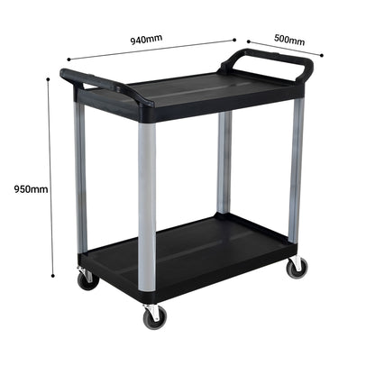 SOGA 2 Tier Food Trolley Portable Kitchen Cart Multifunctional Big Utility Service with wheels 950x500x640mm Black LUZ-FoodCart1520