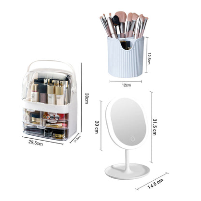 SOGA 3 Tier White Countertop Cosmetic Makeup Brush Lipstick Holder Organiser and 20cm Rechargeable LED Light Tabletop Mirror Set LUZ-BathC103-G531-Z111