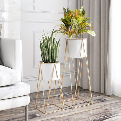 SOGA 2X 50cm Gold Metal Plant Stand with White Flower Pot Holder Corner Shelving Rack Indoor Display LUZ-FPotH52WHTX2