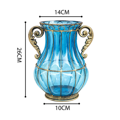 SOGA Blue Colored European Glass Home Decor Flower Vase with Two Metal Handle LUZ-HO-VaseYG2325B