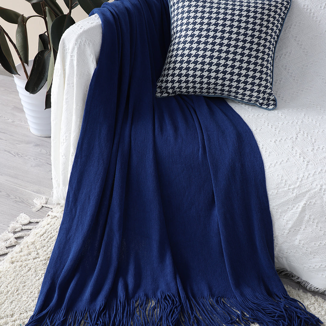 SOGA Royal Blue Acrylic Knitted Throw Blanket Solid Fringed Warm Cozy Woven Cover Couch Bed Sofa Home Decor LUZ-Blanket909