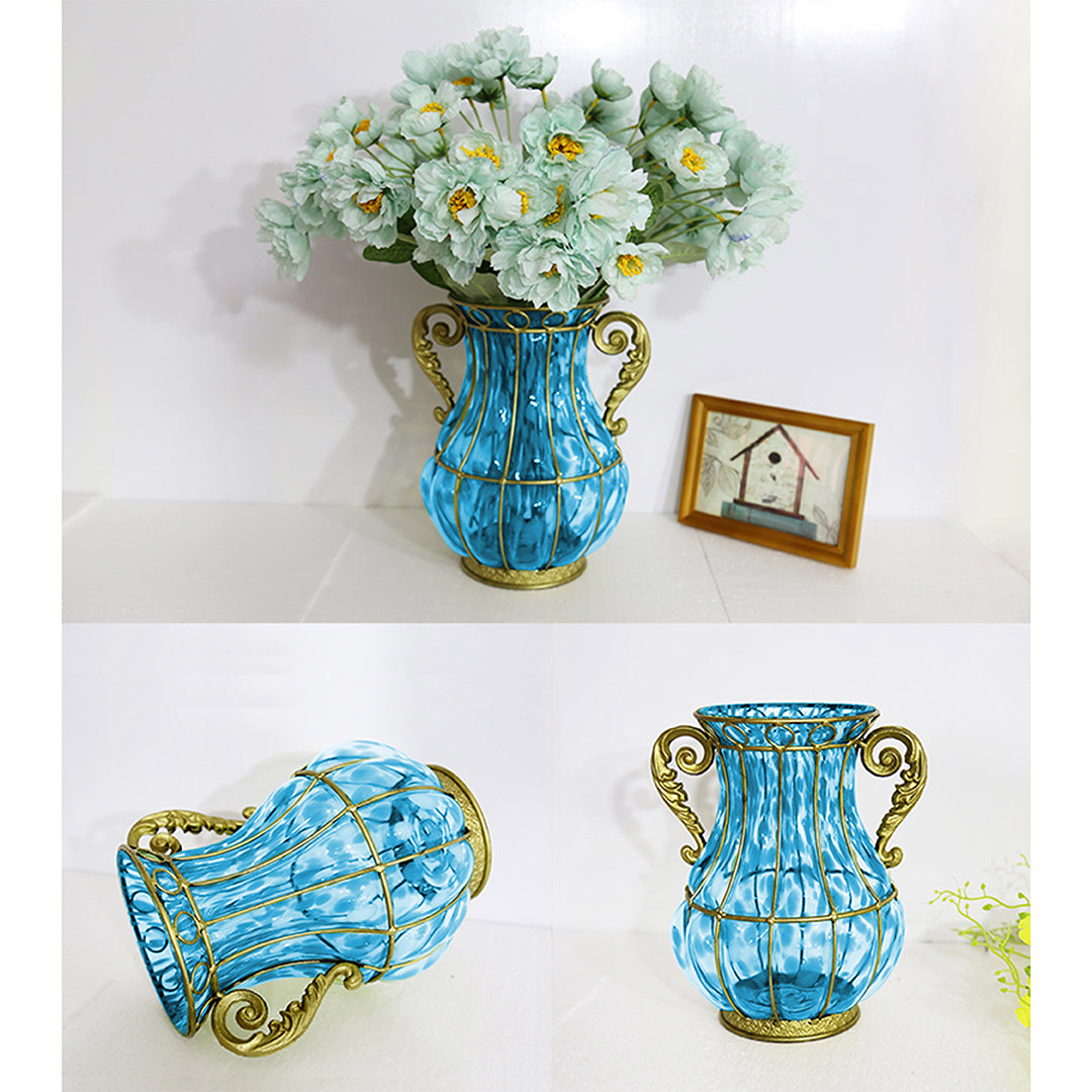 SOGA Blue Colored European Glass Home Decor Flower Vase with Two Metal Handle LUZ-HO-VaseYG2325B