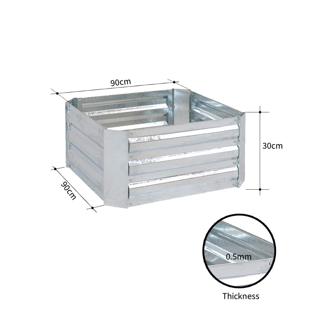 SOGA 2X 90cm Square Galvanised Raised Garden Bed Vegetable Herb Flower Outdoor Planter Box LUZ-MetalBSil516X2