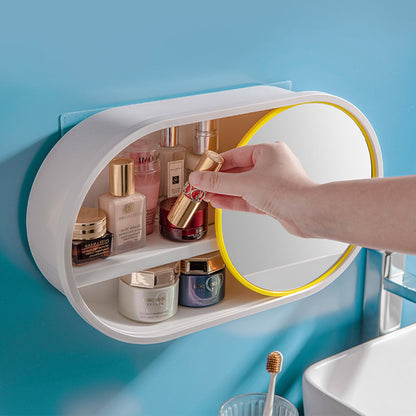 SOGA 39cm Oval Wall-Mounted Mirror Storage Box Vanity Mirror Rack Bathroom Adhesive Shelf Home Organiser Decor LUZ-BathG323