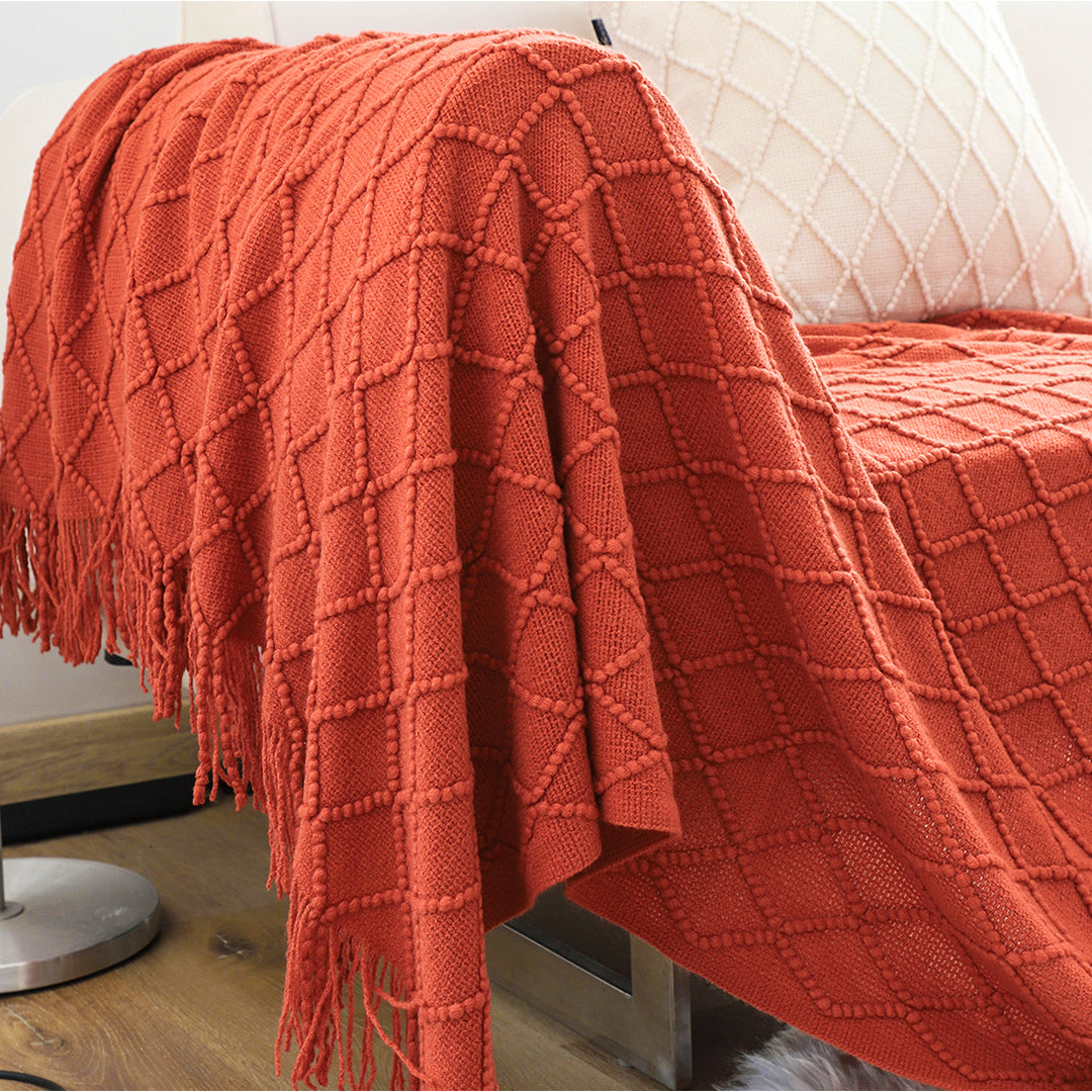 SOGA 2X Red Diamond Pattern Knitted Throw Blanket Warm Cozy Woven Cover Couch Bed Sofa Home Decor with Tassels LUZ-Blanket905X2