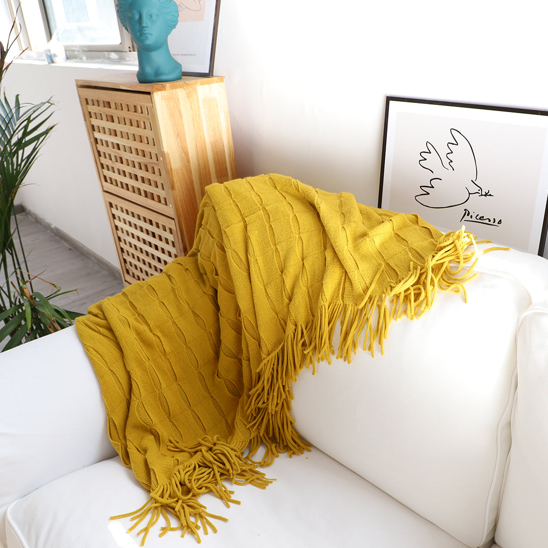 SOGA Mustard Textured Knitted Throw Blanket Warm Cozy Woven Cover Couch Bed Sofa Home Decor with Tassels LUZ-Blanket925