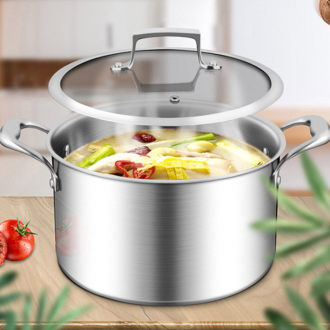 SOGA 22cm Stainless Steel Soup Pot Stock Cooking Stockpot Heavy Duty Thick Bottom with Glass Lid LUZ-CasseroleTRISPE22