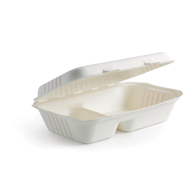 BioPak BioCane Clamshell Burger Boxes 2 Compartments White 250mm (Pack of 250) PAS-FK430