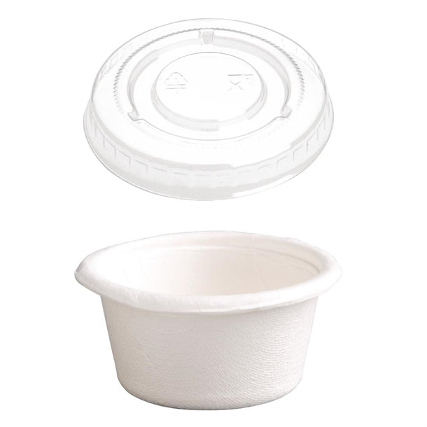 Fiesta Compostable Bagasse Condiment Pots 59ml With PET Lids (Pack of 1000) PAS-SA628